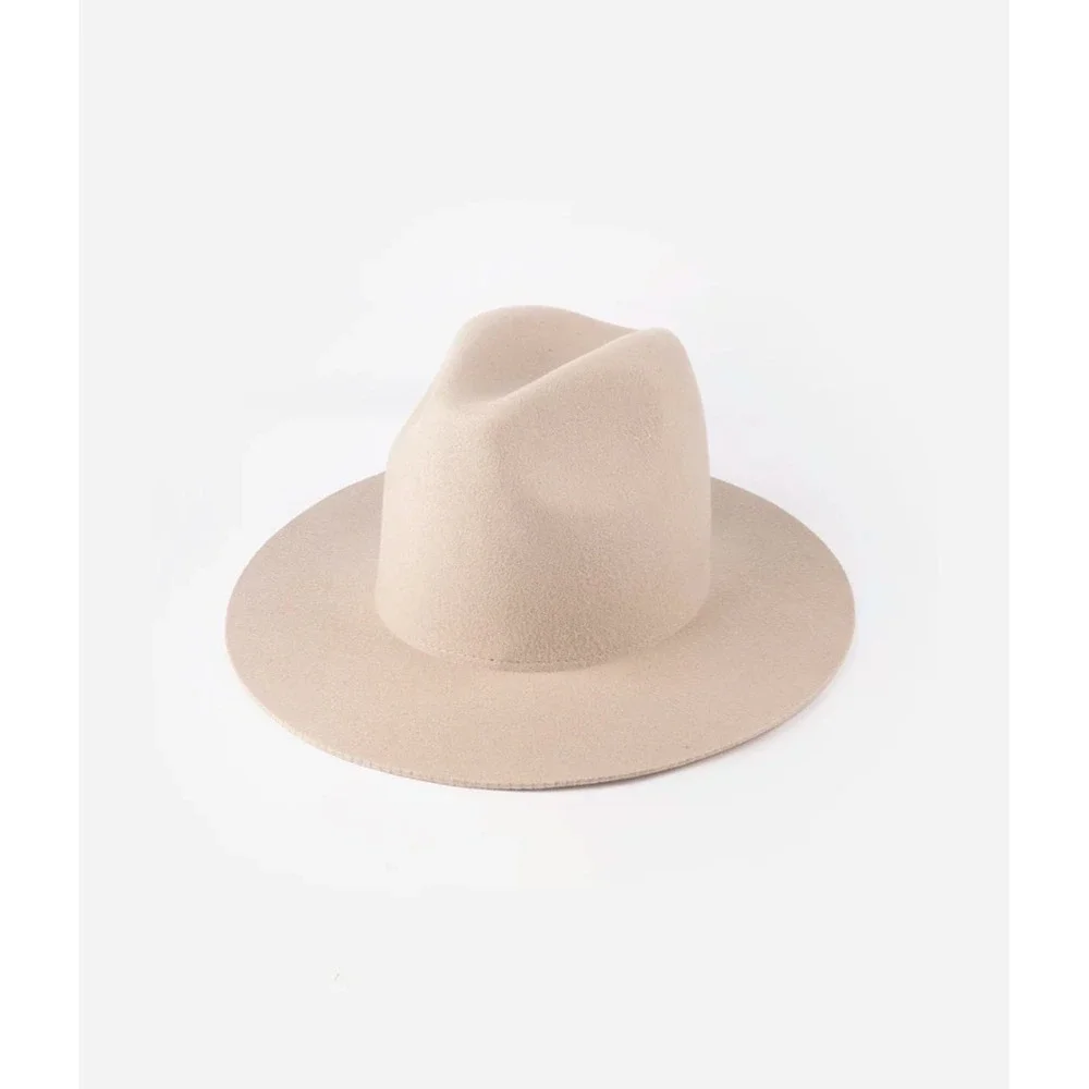Gigi Pip Billie Tall Fedora Hat Taupe Wool Wide Brim Pinched Crown